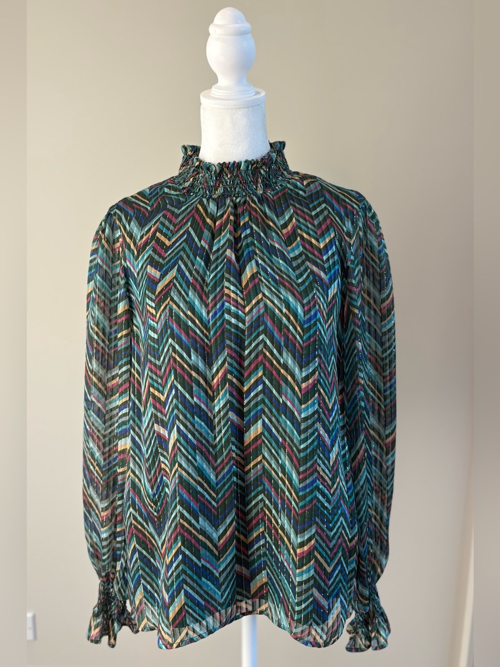 Sezane Chevron-Print Smocked Neck Long Sleeve Top